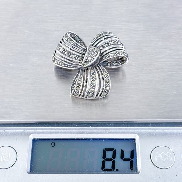 Vintage Thailand Sterling Silver 925 Marcasite Ribbon Bow Brooch Pin - Picture 6 of 7